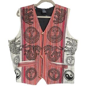 Kathmandu Express Medium Striped Sun Yin Yang ☯️ Vest With Elephants and Dragons